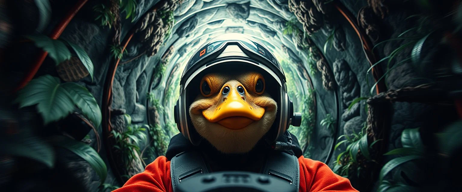 hyper sonic space warp through jungle tunnel crash pilot ,weird experiment gone wrong perspective close up portrait of dj shrimp beaver spider smug duck pilot looking down on cam, with background in the style of escher and giger, a chill contrapunctus fugue in the style of fsol, beethoven, goa trance breaks, dancefloor drum and bass,