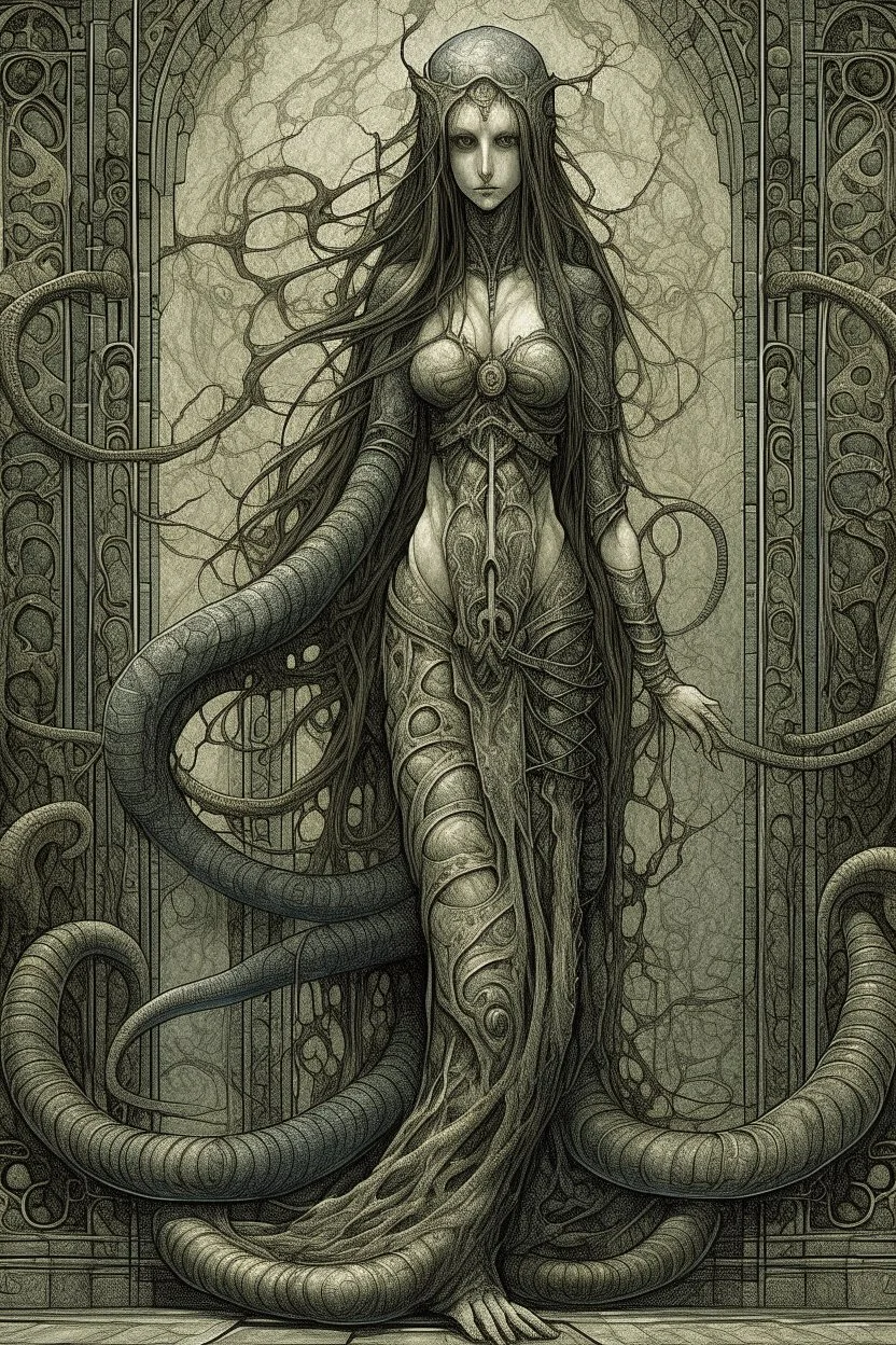 A beautiful girl with long hair , full body , with a snake , front view . decayed and rotting with grotesque proportions and imagery. grotesqueries, detailed texture, surreal horror, biomechanical design, by hr giger and beksinski