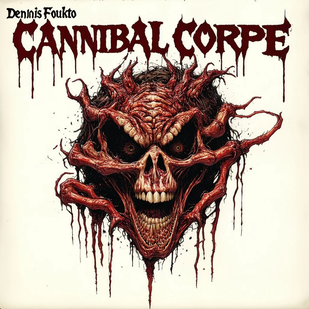 Chaos horrific, Carnivorous attack, Apocalyptic plight, Grotesque morbid threat, style by Arturo Souto, by Denis Forkas, unbalanced, offset, non-symmetrical surreal horror, genetic abrogation abomination, text "Cannibal Corpse" album cover aesthetic in a death metal font