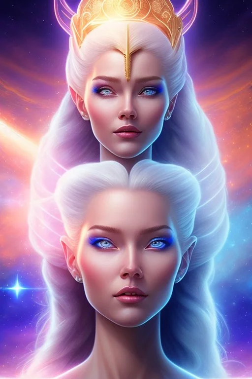 young cosmic woman admiral from the future, one fine whole face, large cosmic forehead, crystalline skin, expressive blue eyes, blue hair, smiling lips, very nice smile, costume pleiadian,rainbow ufo Beautiful tall woman pleiadian Galactic commander, ship, perfect datailed golden galactic suit, high rank, long blond hair, hand whit five perfect detailed finger, amazing big blue eyes, smilling mouth, high drfinition lips, cosmic happiness, bright colors, blue, pink, gold, jewels, realistic, real