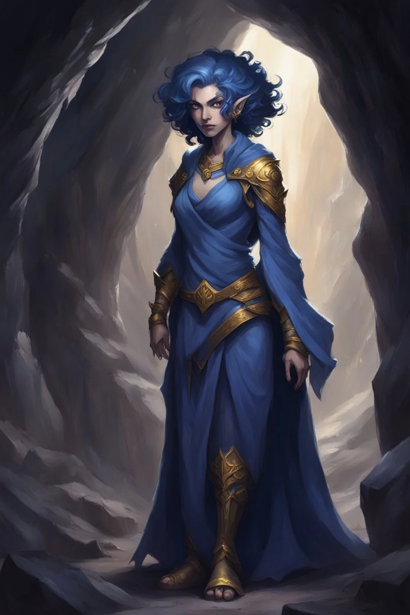 Dnd character in a dark cave. Leaning against a wall. A female Moonelf twilight cleric with super curly, super short, dark blue hair and golden eyes, wearing gray and dark blue robes. With tattoos. Muscular, broad.