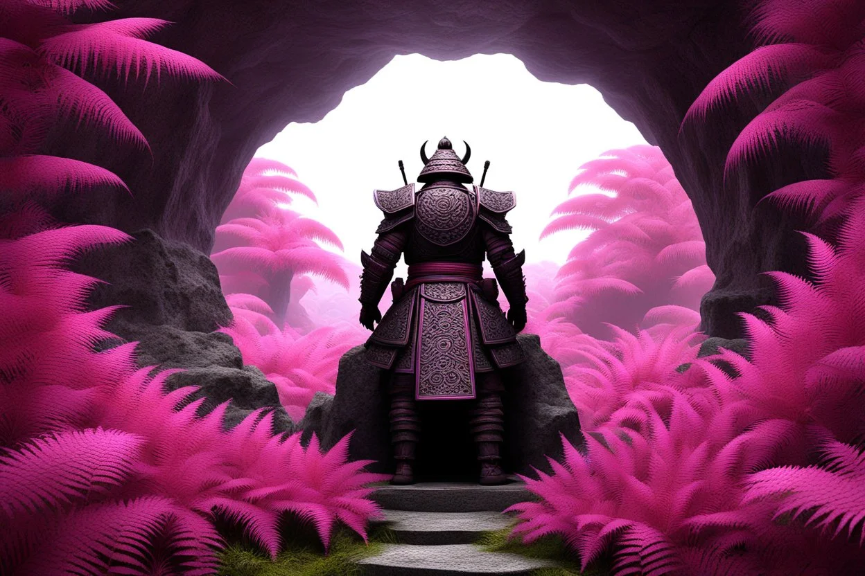 [fractal art: Apophysis] seen from outside: a stone samurai from below at the entrance of a circular cave surrounded by a fractal field of thousands of pink ferns of all sizes, everywhere everywhere on the image