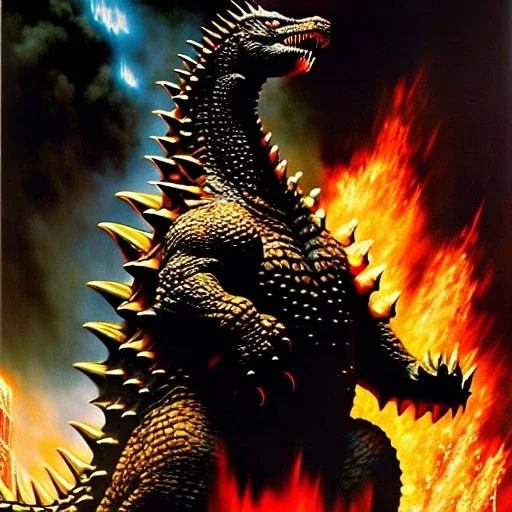 portrait oil on canvas, Godzilla ,comic book cover, mystical colors,insanely detailed,realistic,intrincate detail, 16k resolution, masterpiece,Frank Frazetta,Alex Horley, Simon Bisley,Oscar chichoni