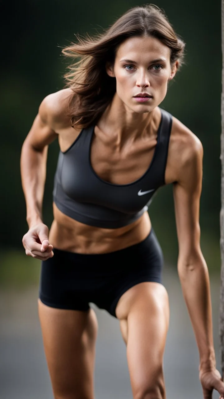 photography of a beautiful anorexic woman, anthracite satin triathlon top, sports illustrated, brunette short wavy bob haircut, pronounced sternum, flat chest, anthracite short leggins