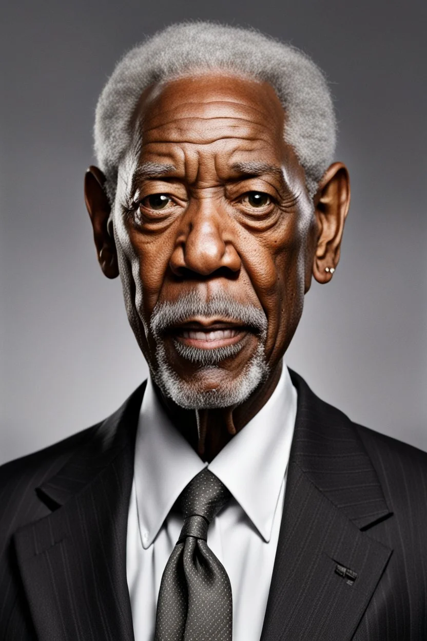 Morgan Freeman with a tiny head and huge eyes and pointy ears