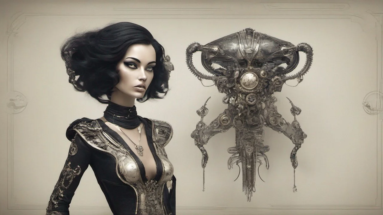 pale steampunk alien woman wearing exotic clothing. Black hair bob