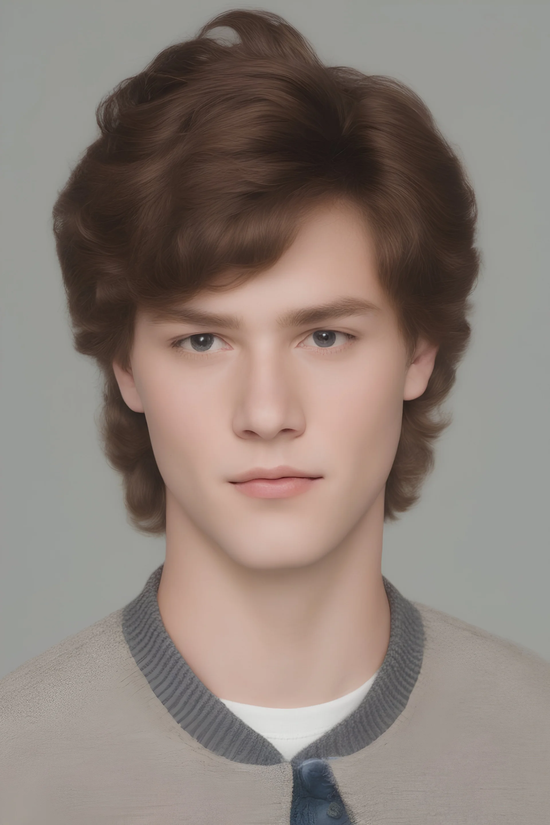 1980's yearbook photo, teenager, Chris Kringle, 14 years old, brown hair, 1980's hairstyle and clothes, photorealistic, --ar 9:16 --style raw