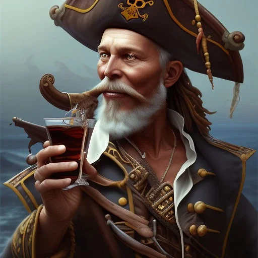 close up of an old pirate drinking rum, deep focus, d & d, fantasy, intricate, elegant, highly detailed, digital painting, artstation, concept art, matte, sharp focus, illustration, hearthstone, art by artgerm and greg rutkowski and alphonse mucha centered.