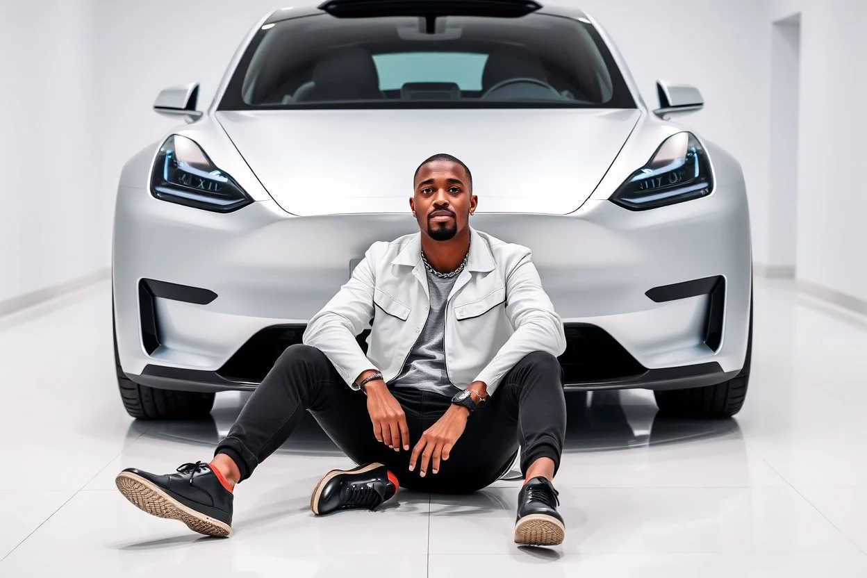 The image shows a man sitting on the floor in front of a futuristic-looking silver Tesla Cybertruck. The man is wearing a white jacket, black pants, and black shoes, accessorized with a chain necklace. The setting appears to be a sleek, minimalistic indoor showroom with white floors and walls, giving the scene a modern, high-tech atmosphere.