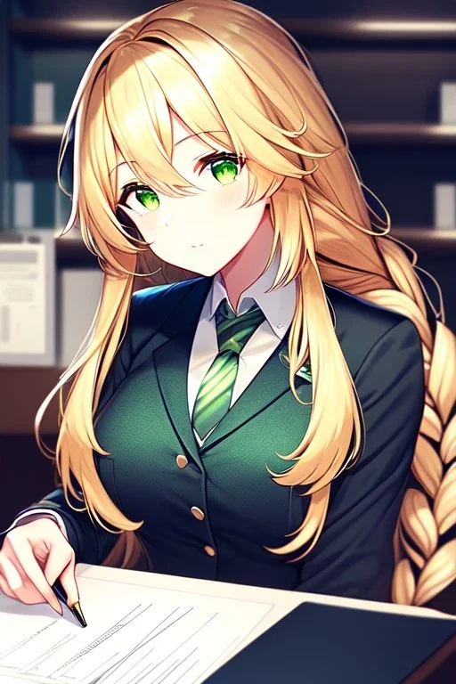 girl, masterpiece, best quality, cinematic lighting, detailed outfit, perfect eyes, golden hair, green eyes, long hair, braided ponytail, office lady, side shot, working at desk,