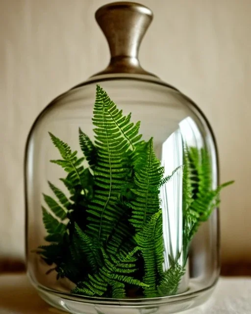 fern in a bell jar, symmetrical, frosted glass, warm lighting, linen backdrop