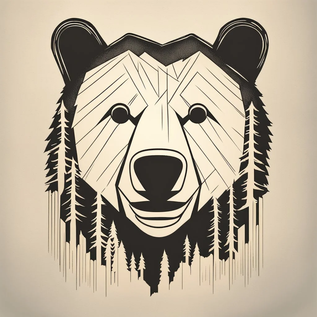 M shaped bear head combined with woods silhouette in backround, letterpress style, minimalistic pencil art