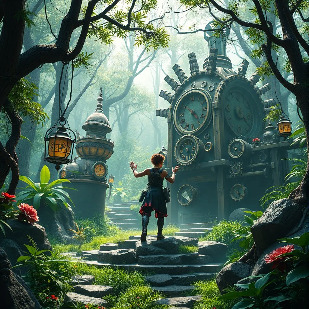 Scene from a modern fantasy action movie featuring the "Garden of Practicality", the Clockwork Forest Realm of Ix Chel, Cyberpunk style.