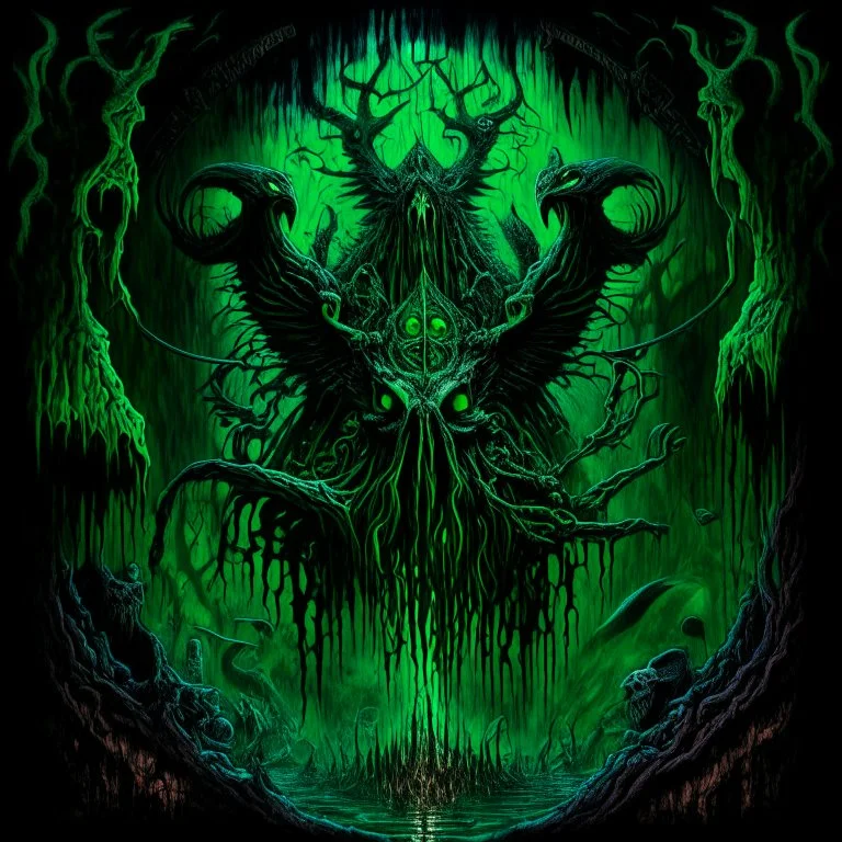 fantastical, frightening, Carrion Talismans festered in a septic void, deep colors, moody, profound, lovecraftian, visceral, avant-garde heavy metal album cover, green hues