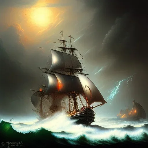 frank frazetta style, pirate ship battle, ocean, storm, night