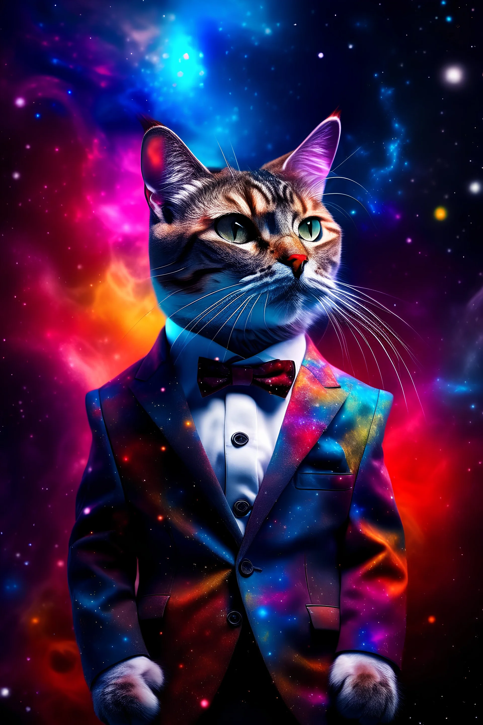 Against the background of the cosmic gaping space, a cat floats in a suit with bright quantum vortices. Its coat emits the uncertainty of color, creating colorful tango from multi -colored particles.