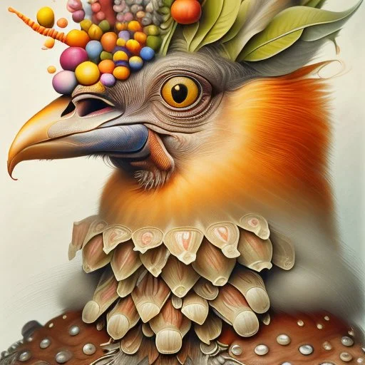 100% + Base Image ::: Giuseppe Arcimboldo Tall Bird Exotic Modifiers: highly detailed sharp focus extremely detailed intricate beautiful high definition crisp quality details focused no text no watermark great depth and scale intricately detailed no frame crisp No Signature sharp details no numbers Extreme Sharpness Depth in Details Field of Depth Started from image: