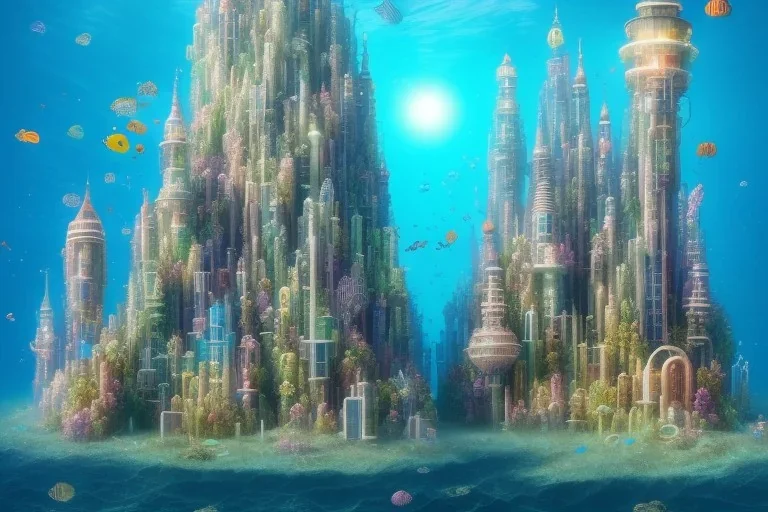 One mile tall underwater plastic city Towers made out of stacked Rubik's Cubes, Orange, white, blue, green.