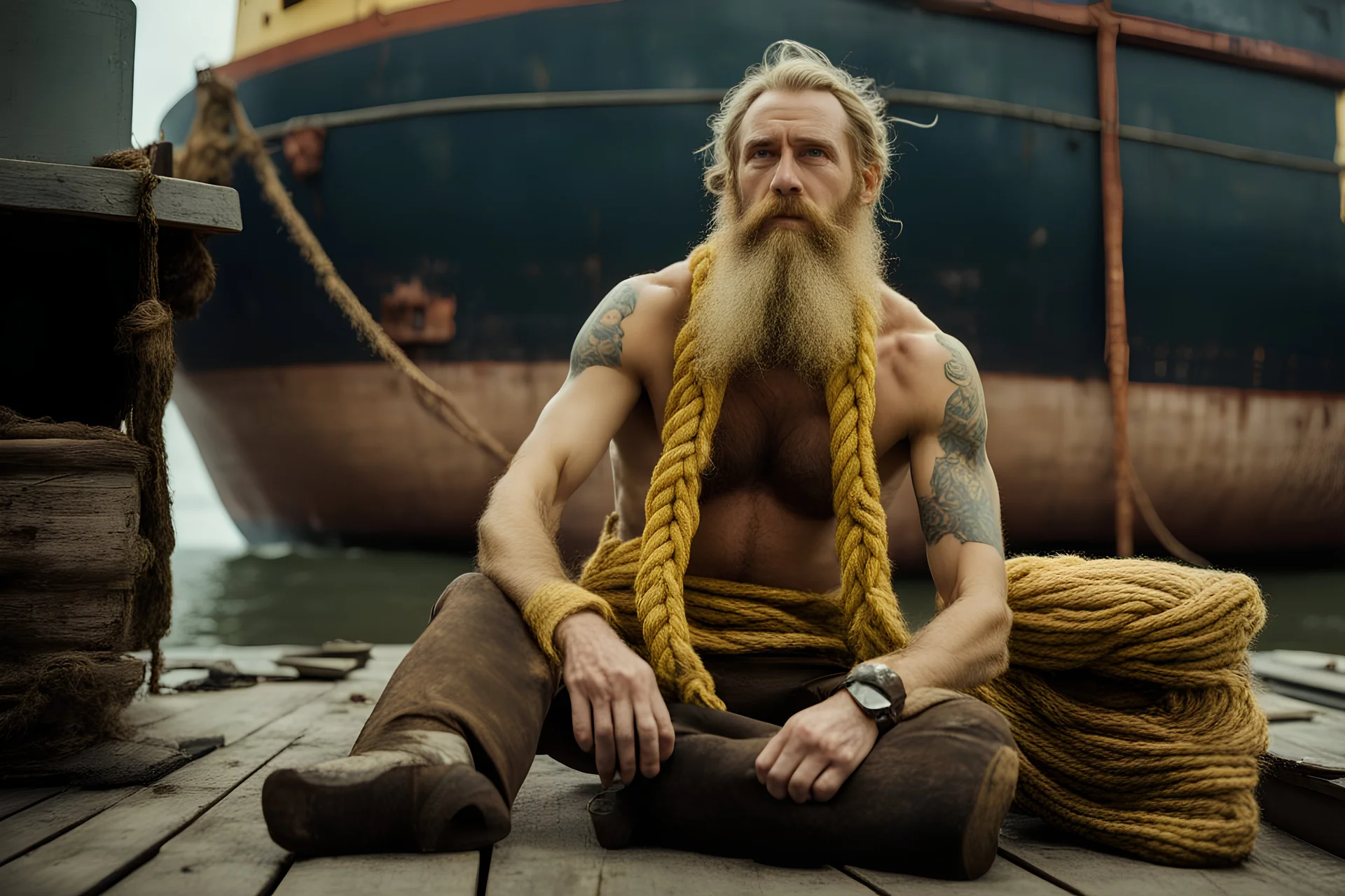 photo of typical full body viking tribe beard blonde flowerw-tattoos gym hairy raw sailorman works on board of cargo china container large ship, gilet yellow knitted, stormy rainy day, mid age, health, wellness, in 70's style movie by Mario Bava