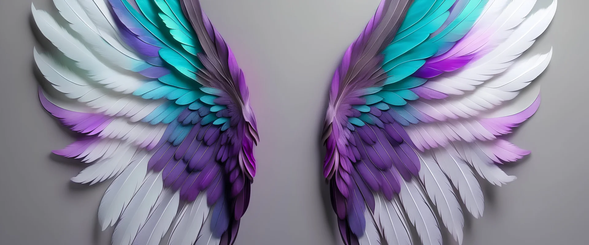 a pair of multi-color angels wings, gently unfurled. the iridescent plum shades of the wings contrast with the clean, white canvas of the dackdrop, creating a sense of otherworldly calm, soft, diffused lighting adds a touch of magic, illuminating the delicate details of each feather