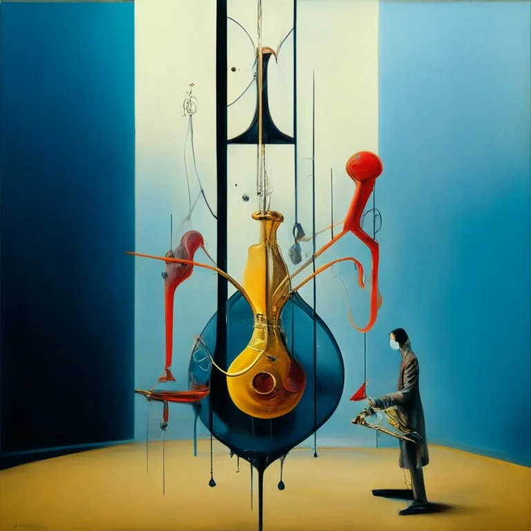 Abstract painting formed by a mix of human flesh-like surgical instruments and universe-like musical instruments,neuralink,minimalism,Painting By Adrian Ghenie, Rene Magritte, Salvador Dali, Lucian Freud