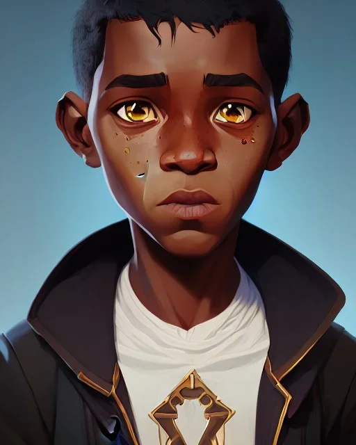 Portrait of a handsome black skinned toddler warlock boy with dark hair by Jim Kay