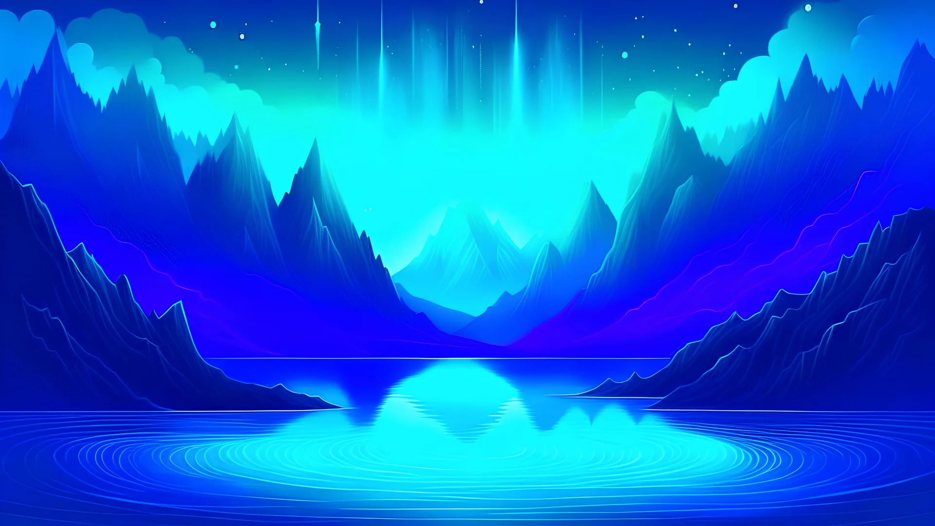 A surreal digital illustration of surreal mountains with glowing blue slopes and dream-like elements, creating a sense of wonder and mystery., The mountains with blue slopes laugh and below in the water the fish cry and all the water is their tears