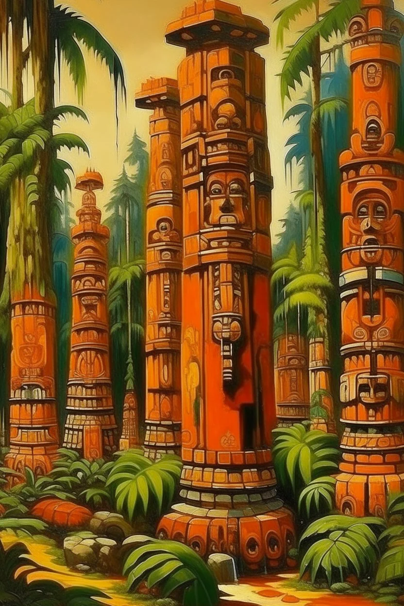 An orange colored jungle with an arena designed in pacific Northwest totem poles painted by Gustave Courbet
