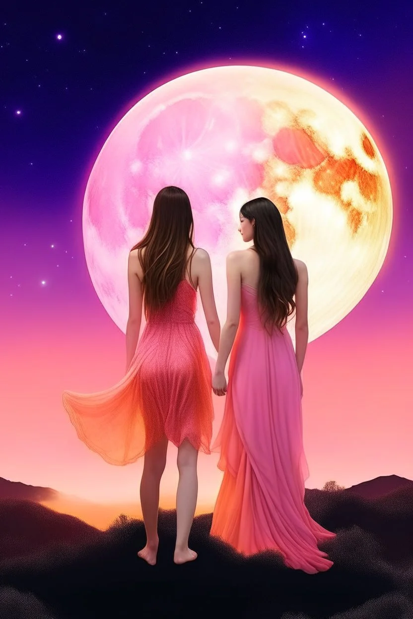 İki yakın arkadaş biri pembe ve diğeri mor elbise giyiyor sırt sırtalar ve önlerinde küçüklükleri var arkaplan olarak ay ve güneş karışımı bir gezegen