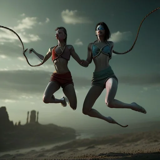 Two women skipping with a rope, demons and angry gods fight in the background, in the style of a Michael Moorcock book cover.