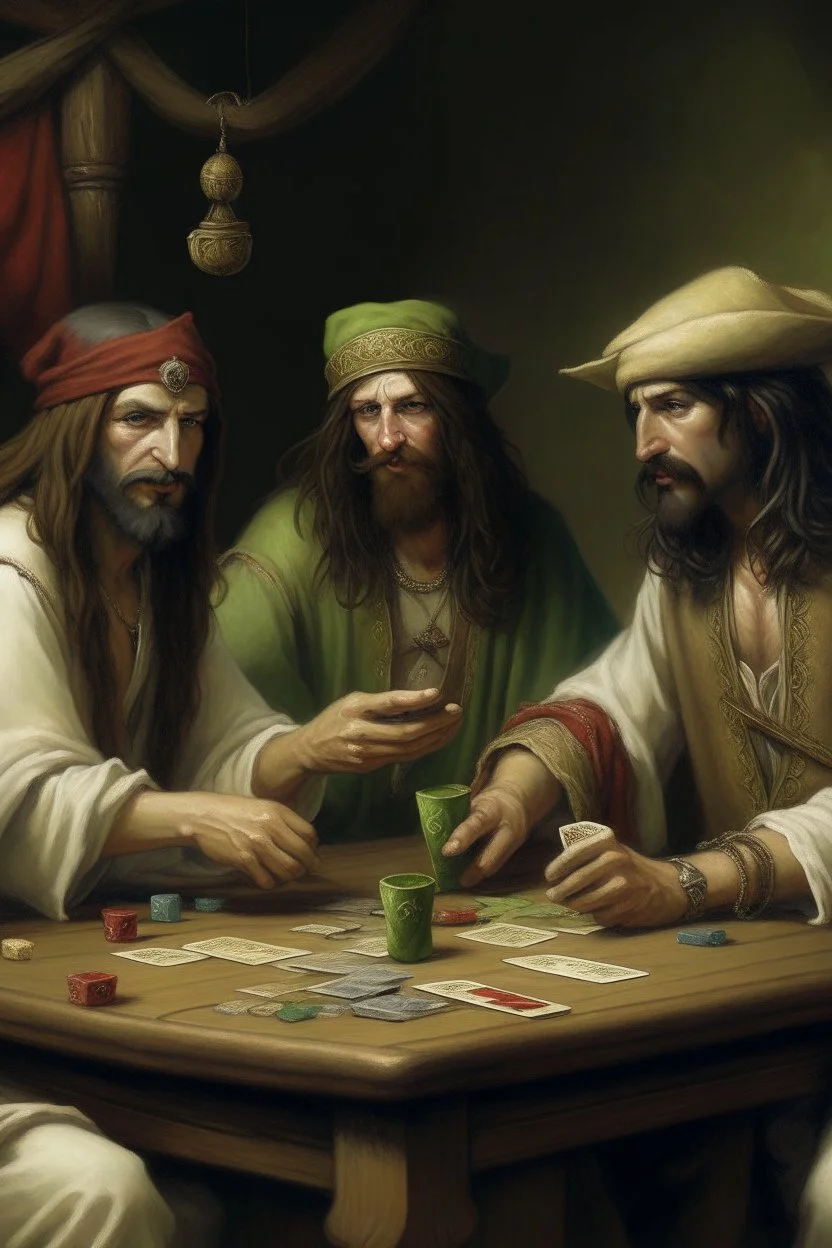 Jesus and some pirates friends smoking and playing cards, davinci.