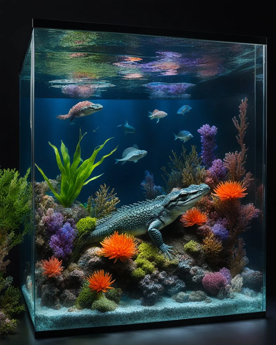 Little alligator swimming in glass box underwater aquarium on a display,glass flowers, high quality product image ,coral reef, flora and fauna, cosmic nebula, dark background christian dior style, with frozen flowers around her, stunning-design, beutifull, side profile artwork, glass paint, multicoloured, displayed, backlight