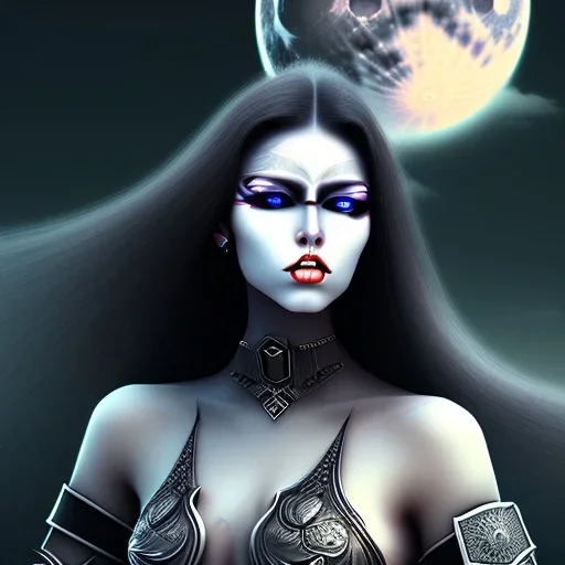 black long hair lady warrior top black eyes under the Moon