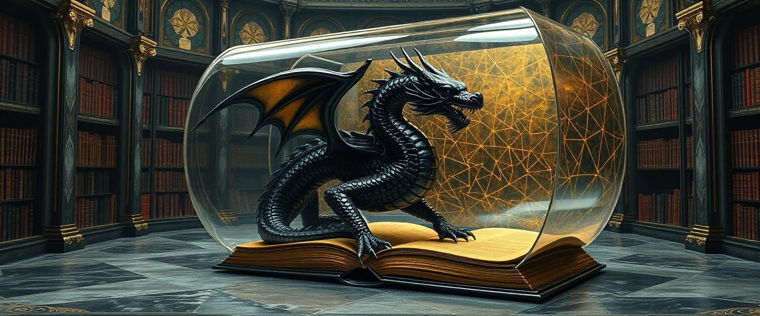 master oil painting by Escher and Giger, ancient library book obsidian chrome black dragon inside huge transparent vase and with gold, master 3d models