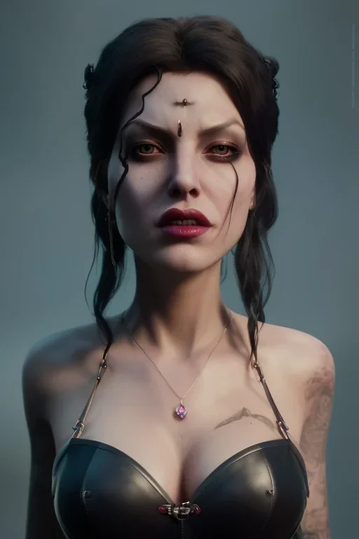 Trish Status as evil queen in black leather, leather, busty, cleavage, angry, rage, stern look. character design by cory loftis, fenghua zhong, ryohei hase, ismail inceoglu and ruan jia. unreal engine 5, artistic lighting, highly detailed, photorealistic, fantasy