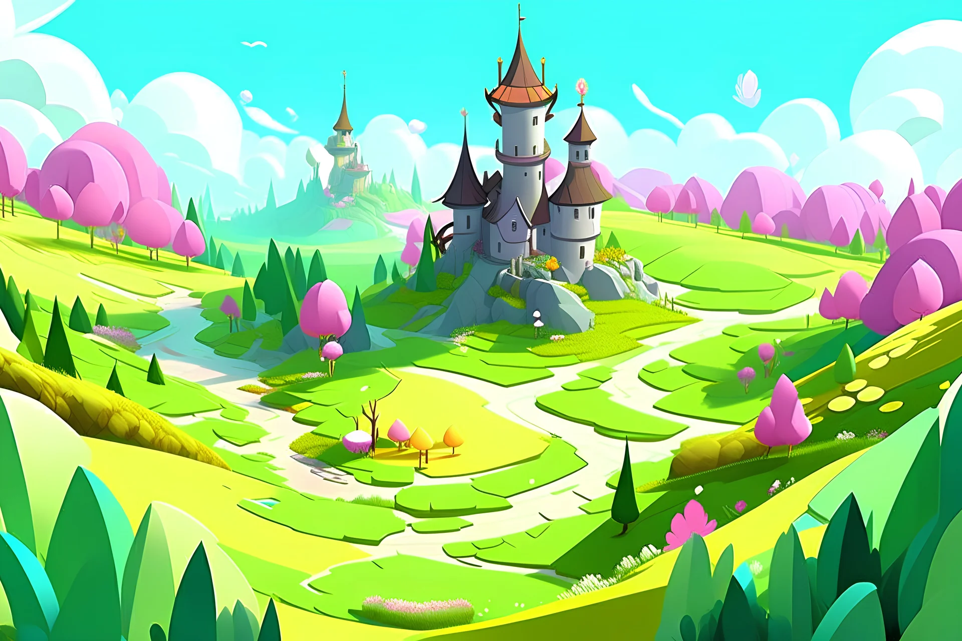 A 3D stylized environment art of a kingdom surrounded by flowery meadows and multiple vineyards, windmills are scattered there, in the cartoon style