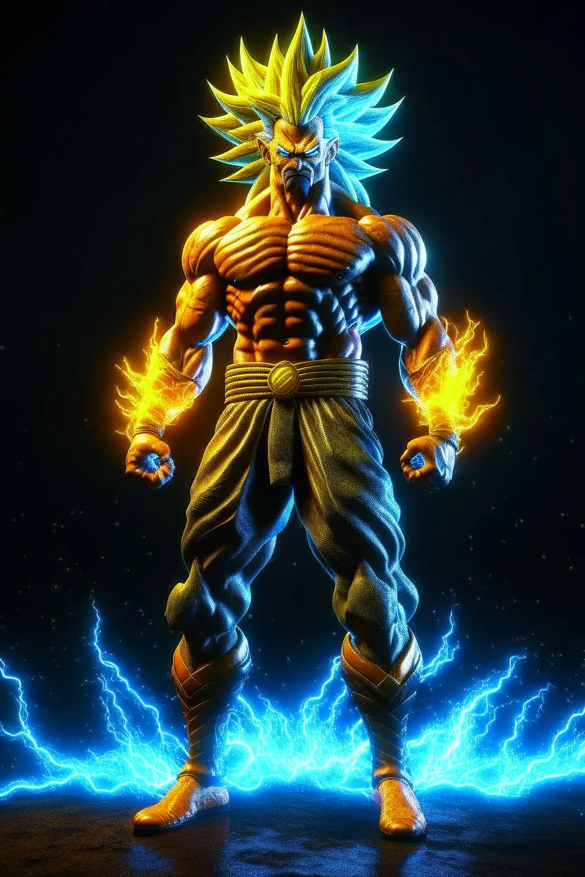 realistic 3d rendering of goku super saiyan fused aquaman, surrounded by lightning, big muscular, full body photography, hyperrealistic