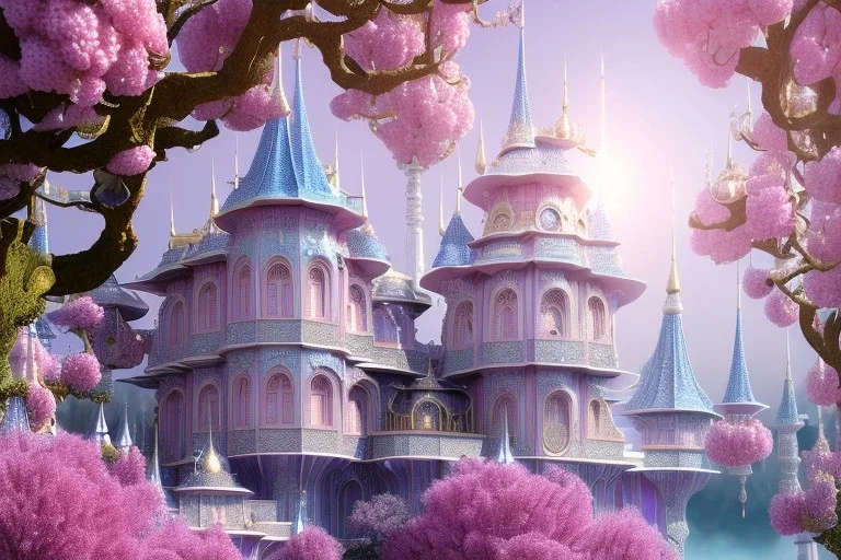 a magical crystal flower lys bougainvillier, blue gold house indian palace castle in the woods, magnolias pink,blue lake,sun,white swanns,pink vertical, blue lake,sharp, vines, candlelit, endor, ornate, elegant, highly detailed, artstation, concept art, smooth, sharp focus, illustration, 8k, splash art, wallpaper, key visual