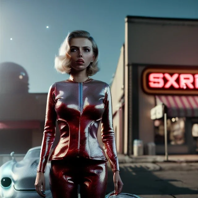 Ultra Realistic retro sci-fi movie Supermarket parking people scene, 1960 year, waist up view portrait, 1 blonde women and 1 octopus alien, sweet scarlet Johansson face, perfect iris, glow eyes, face makeup, tight latex coat. many people looking, Retro sci-fi style, soft color, highly detailed, unreal engine 5, ray tracing, RTX, lumen lighting, ultra detail, volumetric lighting, 3d, finely drawn, high definition, high resolution.