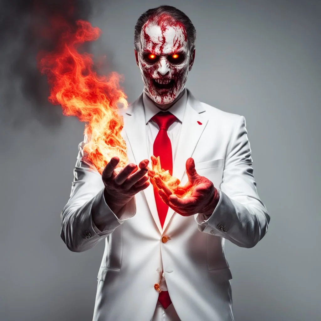 a scary man with fire in the palm of his hand wearing a white suit with a red tie who has no face