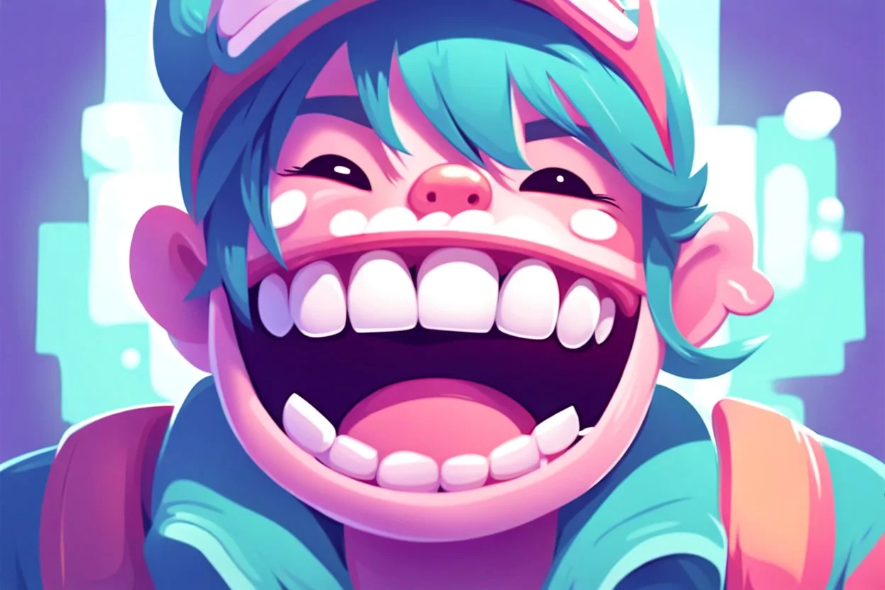 closeup on face of cute character with big toothy grin, peculiar character style