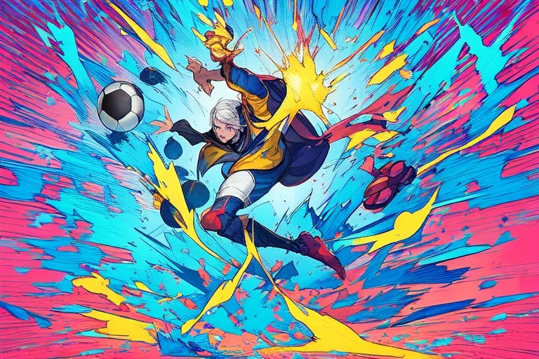 Oil painting, full body of a soccer player, he is kicking the ball, the ball is flying, bright but not neon colours, dynamic lines, dynamic blobs, spots, lines in the background of the character, splash like a colour explosion