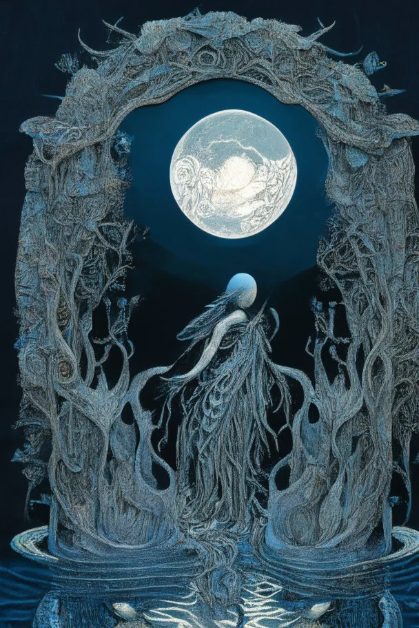 The recovered masterpiece entitled "Pond Goddess Full Moon " depicts The partially skeletonized Pond Goddess wearing a gorgeous gown made from beautifully detailed quilling consisting of feathers, foliage, fish scales, flowers, and gemstones appearing inside the reflection of the Full Moon on the water; neo-surrealism; fractal art; hieroglyphics; symbolism; quilling; intricately detailed; award-winning