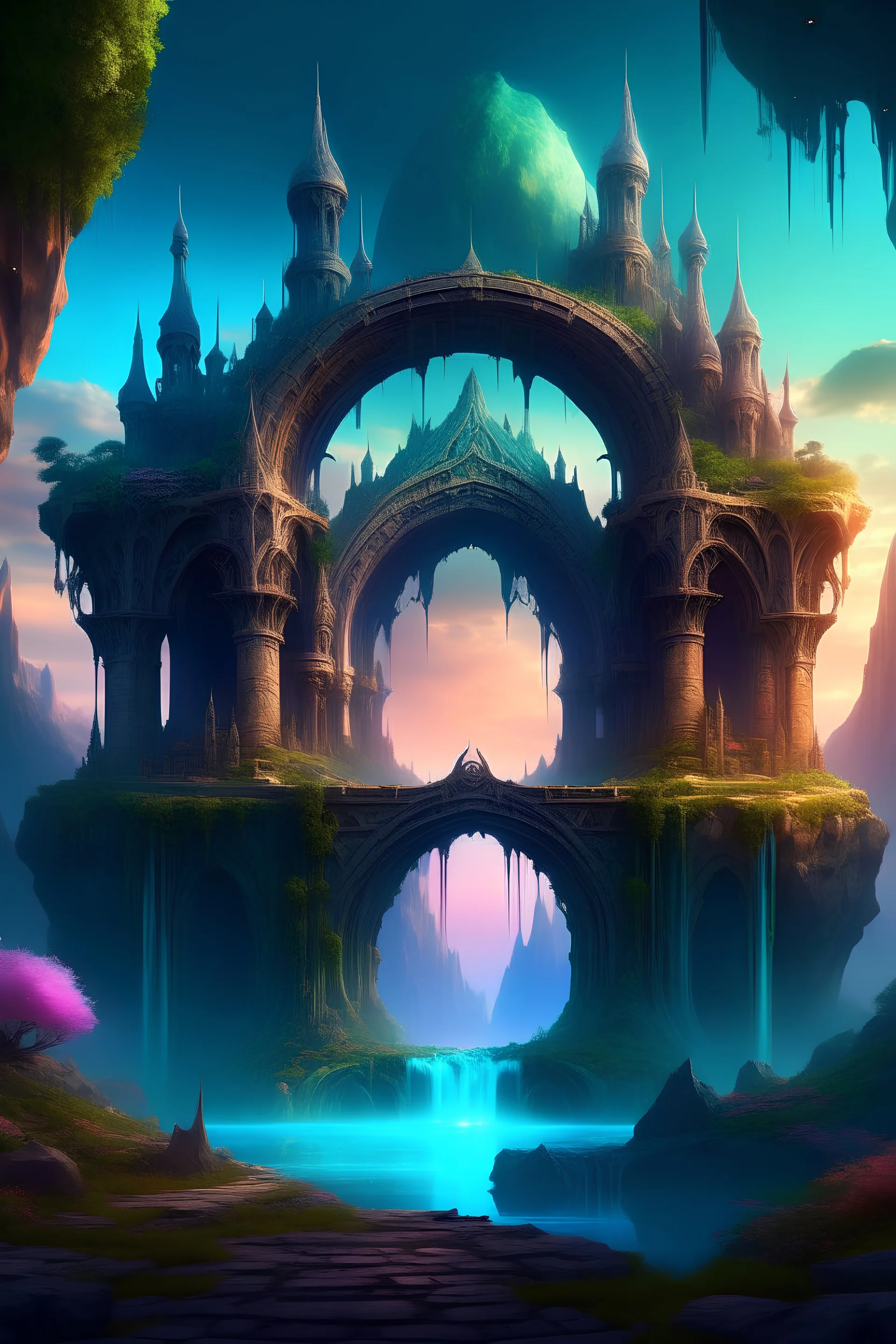 Generate a fantasy landscape with some sort of unique large majestic structure and cool colours and a unique portal
