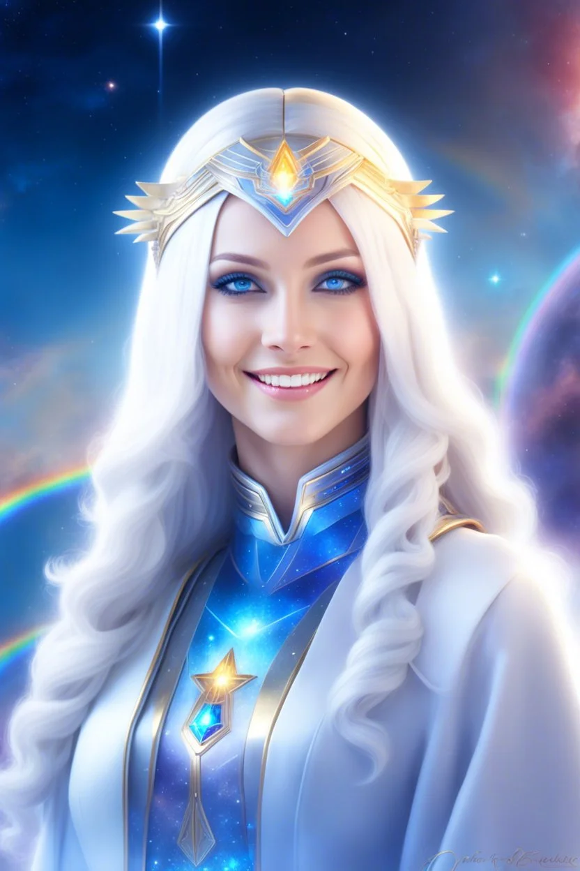 cosmic woman smile,galactic fédération, admiral from the future, one fine whole face, crystalline skin, expressive blue eyes,rainbow, smiling lips, very nice smile, costume pleiadian, Beautiful tall woman pleiadian Galactic commander, ship, perfect datailed golden galactic suit, high rank, long blond hair, hand whit five perfect detailed finger, amazing big blue eyes, smilling mouth, high drfinition lips, cosmic happiness, bright colors, blue, pink, gold, jewels, realist, high,rainbow commander,