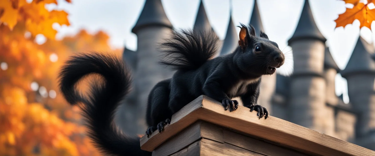 portrait of a shiny black dragon squirrel in autumn, flying above wooden castle, breathing smoke