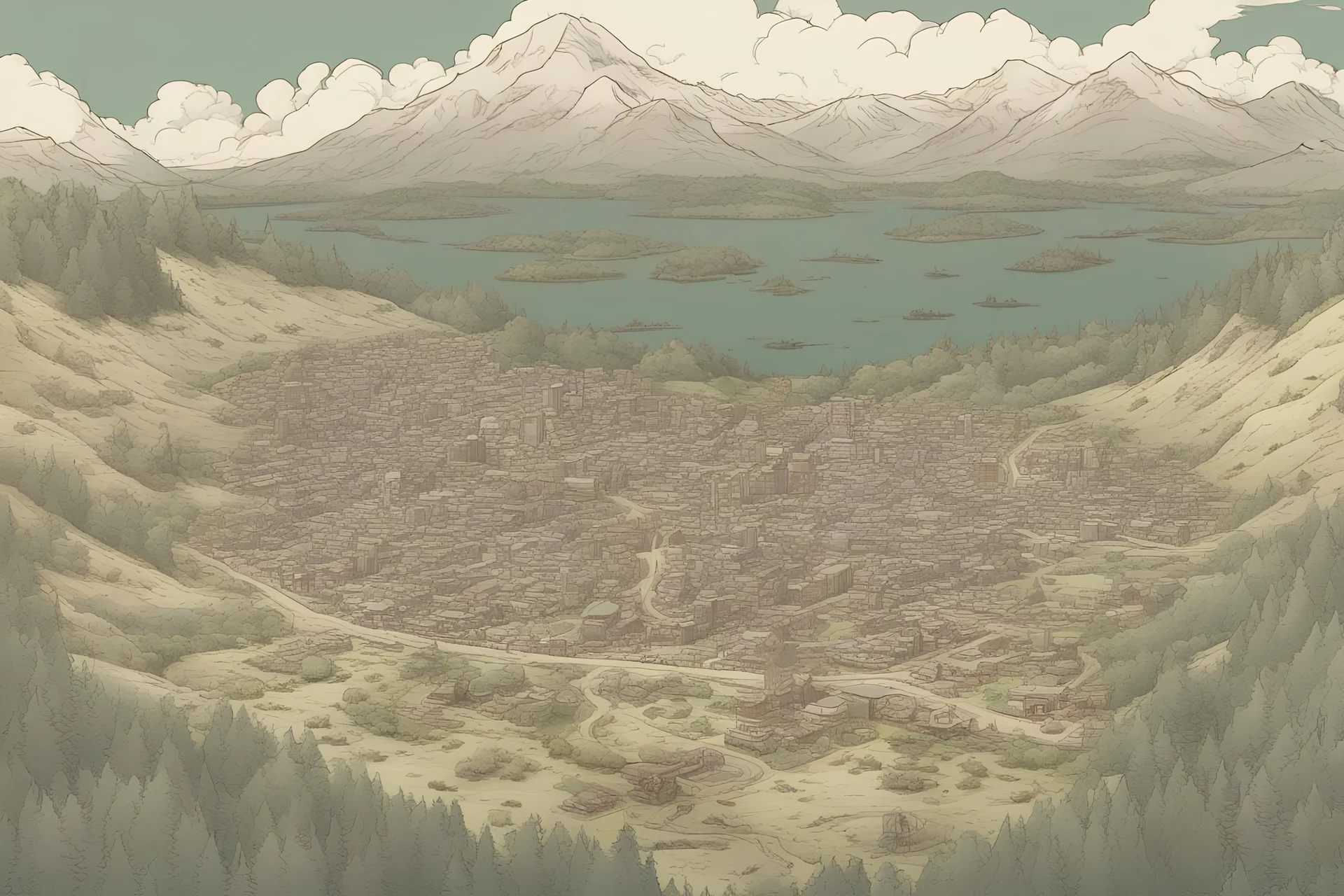 a map, top view of a forest, a hill, small town, mountain, a city in the background, comic book, post -apocalypse