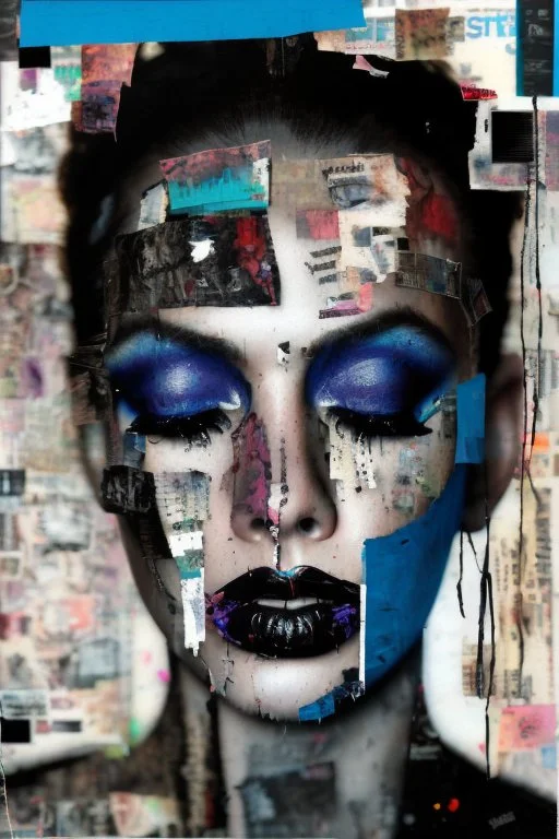 Ultra detailed medium portrait painting of a woman, abused, tears running down face, chaos and dark,torn up collage strips of photo clippings, graffiti spots in background,matrix effects, punk visual art, punk art aesthetic, graffiti art, pop surrealism, collage art, cluttered paint glitches