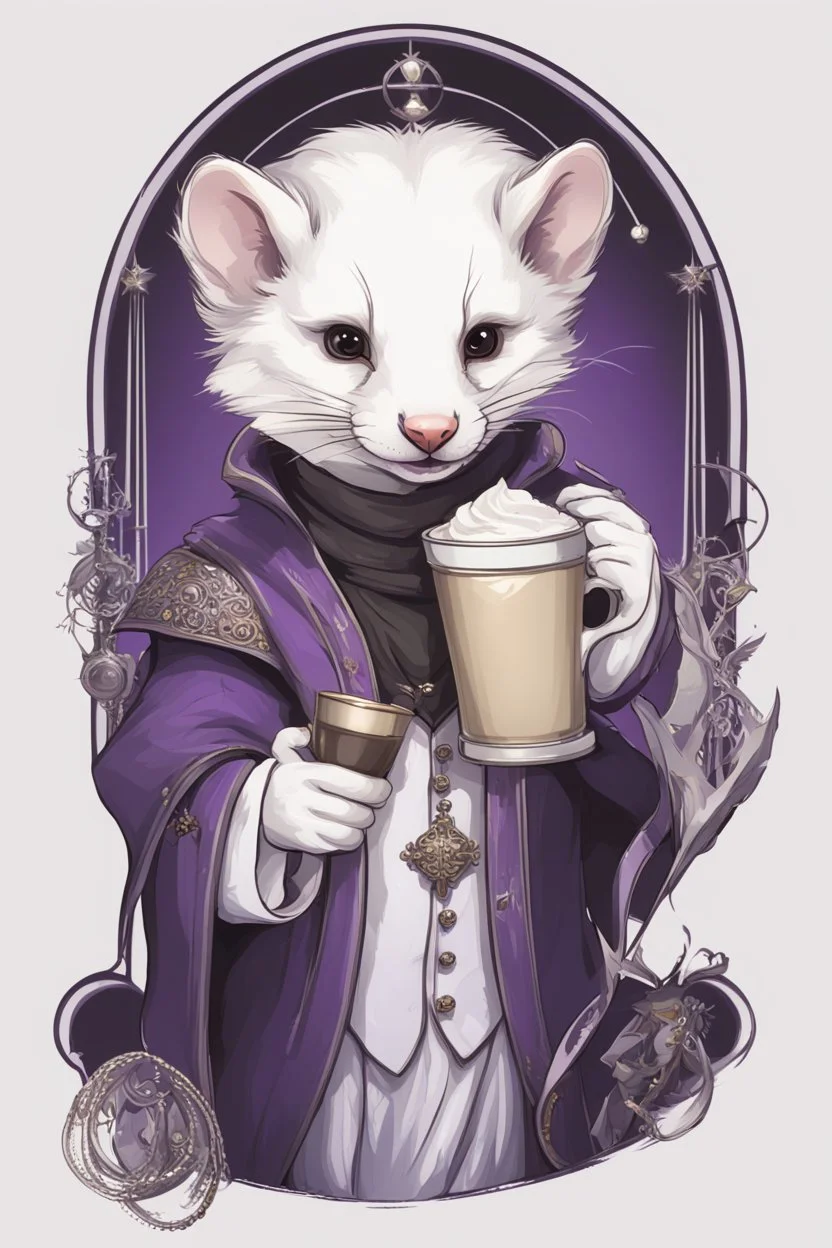 (anthropomorphic white ferret),dressed in ((cleric fantasy)) black and purple clothes with silver holy ornaments, realistic anatomy, fantasy tavern on background, mage and holy symbols around, serious face, hold cup of coffe, tired face, in the style of LOISH