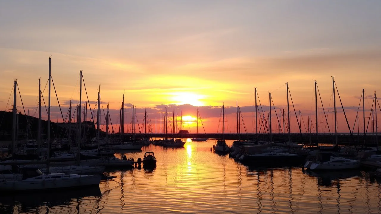 A scenic sunset over a harbor filled with sailboats and yachts, reflecting the warm colors of the sky in the calm waters